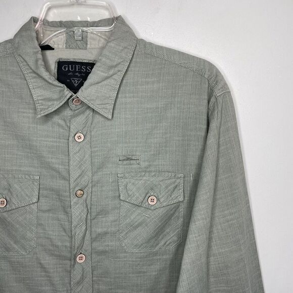 GUESS Mens Button-Up Long-Sleeve Shirt Sz XL 100% Cotton Green Woven Western - Picture 4 of 11